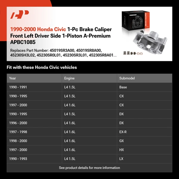 1990-2000 Honda Civic 1-Pc Brake Caliper Front Left Driver Side 1-Piston A-Premium APBC1085