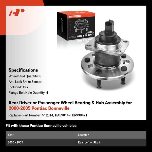 Rear Driver or Passenger Wheel Bearing & Hub Assembly for 2000-2005 Pontiac Bonneville