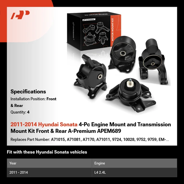 2011-2014 Hyundai Sonata 4-Pc Engine Mount and Transmission Mount Kit Front & Rear A-Premium APEM689