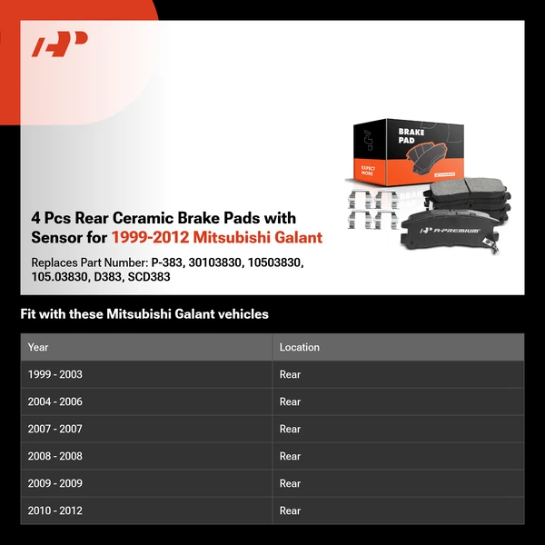 4 Pcs Rear Ceramic Brake Pads with Sensor for 1999-2012 Mitsubishi Galant