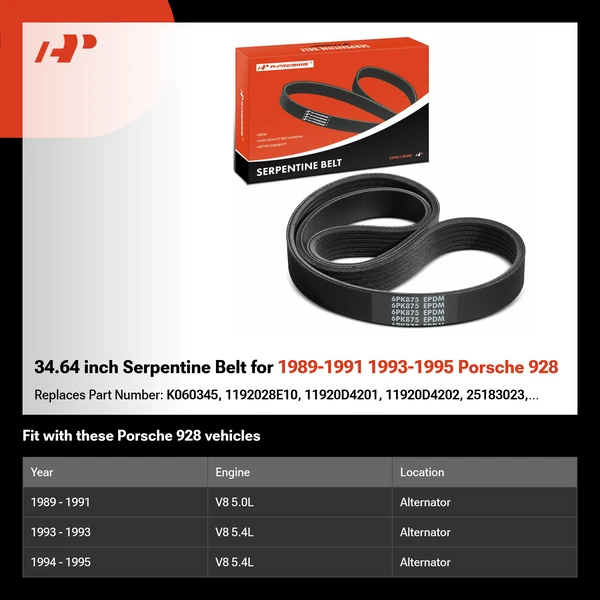 34.64 inch Serpentine Belt for 1989-1991 1993-1995 Porsche 928