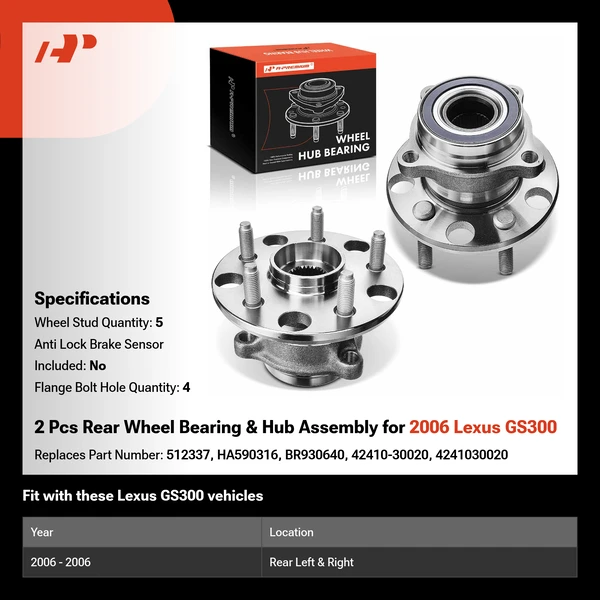 2 Pcs Rear Wheel Bearing & Hub Assembly for 2006 Lexus GS300