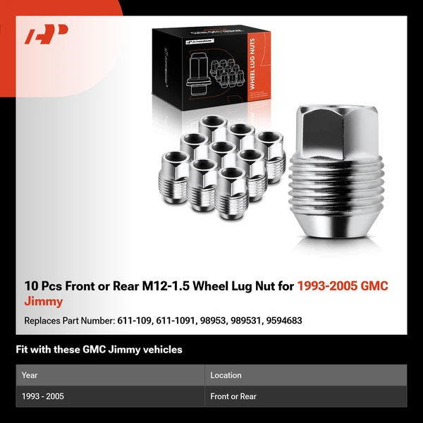 10 Pcs Front or Rear M12-1.5 Wheel Lug Nut for 1993-2005 GMC Jimmy