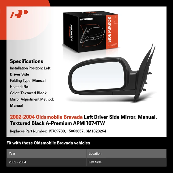 2002-2004 Oldsmobile Bravada Left Driver Side Mirror, Manual, Textured Black A-Premium APMI1074TW