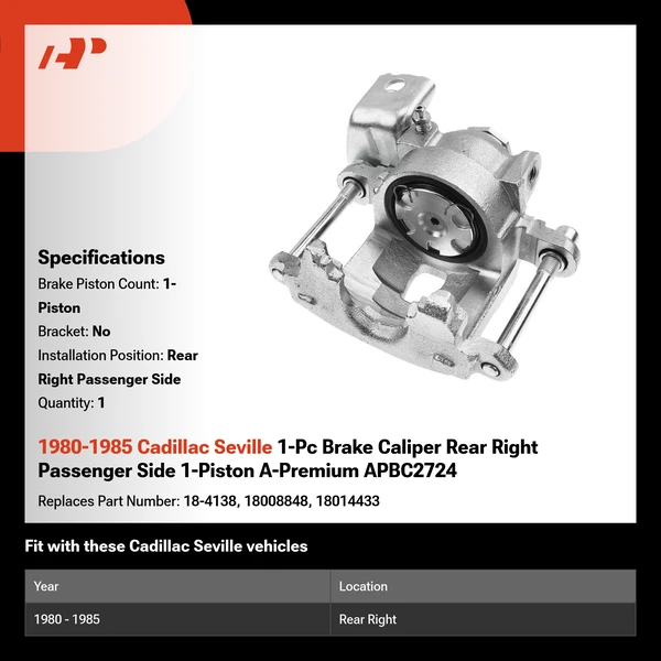 1980-1985 Cadillac Seville 1-Pc Brake Caliper Rear Right Passenger Side 1-Piston A-Premium APBC2724