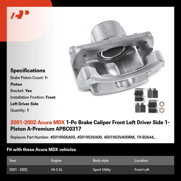 2001-2002 Acura MDX 1-Pc Brake Caliper Front Left Driver Side 1-Piston A-Premium APBC0317