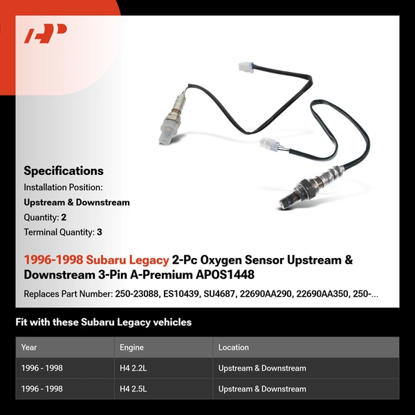 1996-1998 Subaru Legacy 2-Pc Oxygen Sensor Upstream & Downstream 3-Pin A-Premium APOS1448