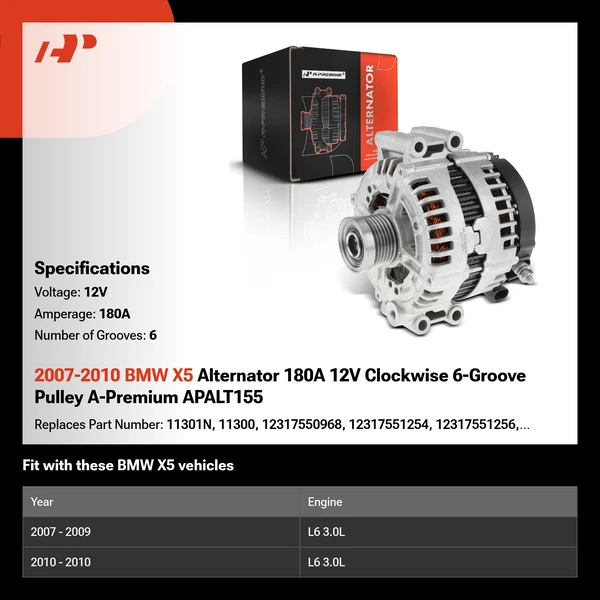 2007-2010 BMW X5 Alternator 180A 12V Clockwise 6-Groove Pulley A-Premium APALT155