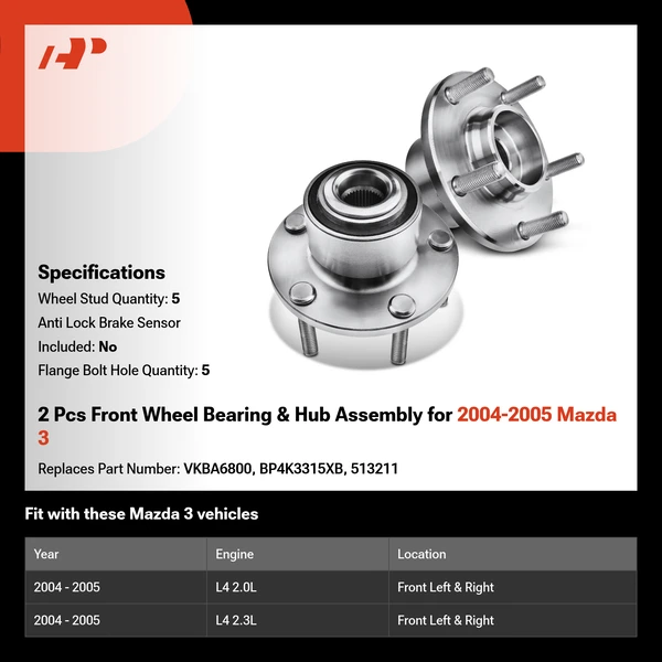 2 Pcs Front Wheel Bearing & Hub Assembly for 2004-2005 Mazda 3