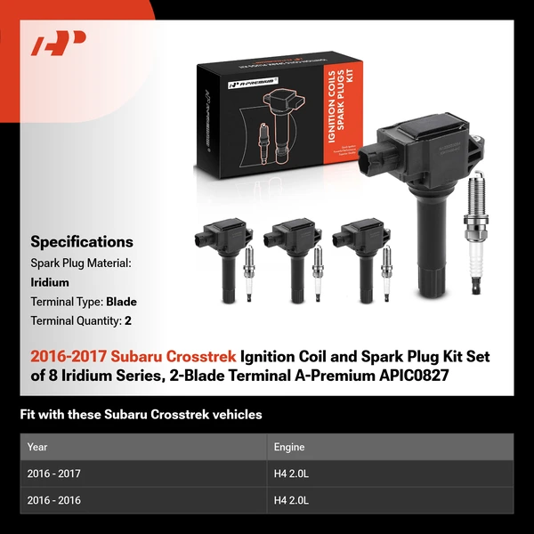 2016-2017 Subaru Crosstrek Ignition Coil and Spark Plug Kit Set of 8 Iridium Series, 2-Blade Terminal A-Premium APIC0827