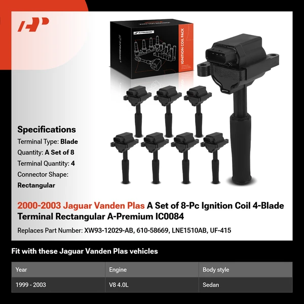 2000-2003 Jaguar Vanden Plas A Set of 8-Pc Ignition Coil 4-Blade Terminal Rectangular A-Premium IC0084
