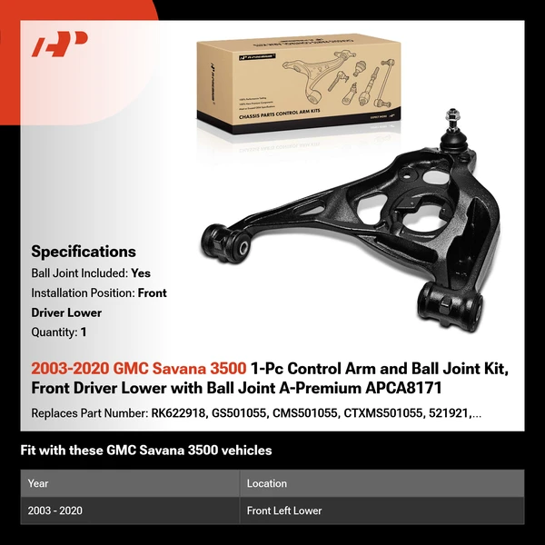 2003-2020 GMC Savana 3500 1-Pc Control Arm and Ball Joint Kit, Front Driver Lower with Ball Joint A-Premium APCA8171