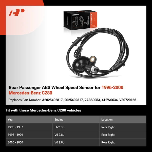 Rear Passenger ABS Wheel Speed Sensor for 1996-2000 Mercedes-Benz C280