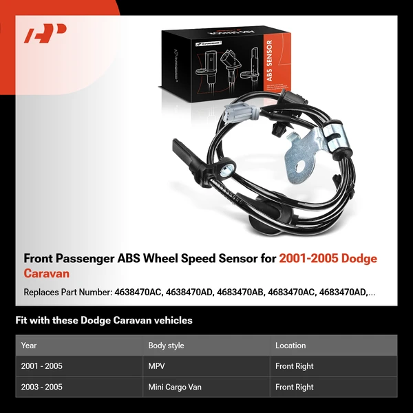 Front Passenger ABS Wheel Speed Sensor for 2001-2005 Dodge Caravan