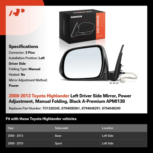 2008-2013 Toyota Highlander Left Driver Side Mirror, Power Adjustment, Manual Folding, Black A-Premium APMI130