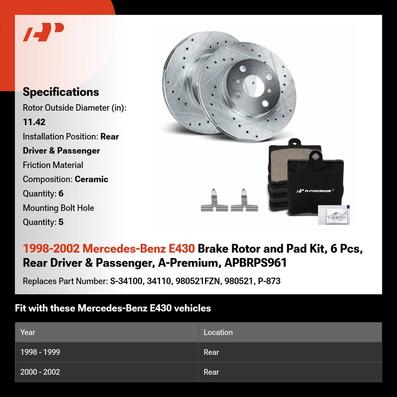 1998-2002 Mercedes-Benz E430 Brake Rotor and Pad Kit, 6 Pcs, Rear Driver & Passenger, A-Premium, APBRPS961