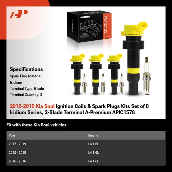 2012-2019 Kia Soul Ignition Coils & Spark Plugs Kits Set of 8 Iridium Series, 2-Blade Terminal A-Premium APIC1578
