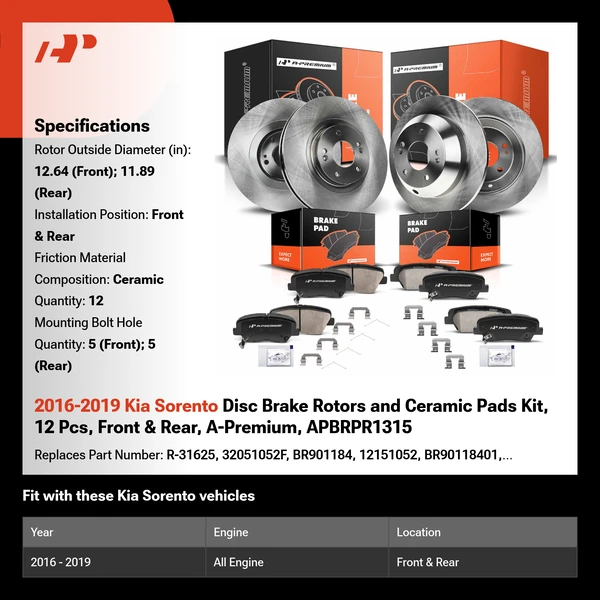 2016-2019 Kia Sorento Disc Brake Rotors and Ceramic Pads Kit, 12 Pcs, Front & Rear, A-Premium, APBRPR1315