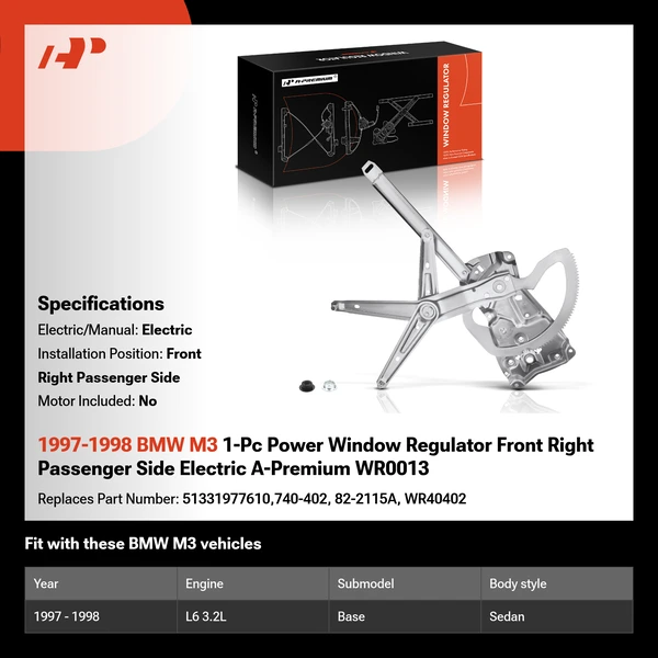 1997-1998 BMW M3 1-Pc Power Window Regulator Front Right Passenger Side Electric A-Premium WR0013