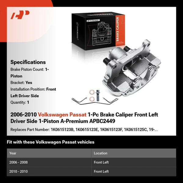 2006-2010 Volkswagen Passat 1-Pc Brake Caliper Front Left Driver Side 1-Piston A-Premium APBC2449