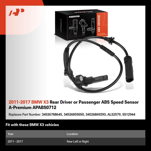 2011-2017 BMW X3 Rear Driver or Passenger ABS Speed Sensor A-Premium APABS0712