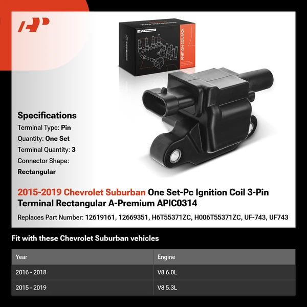 2015-2019 Chevrolet Suburban One Set-Pc Ignition Coil 3-Pin Terminal Rectangular A-Premium APIC0314