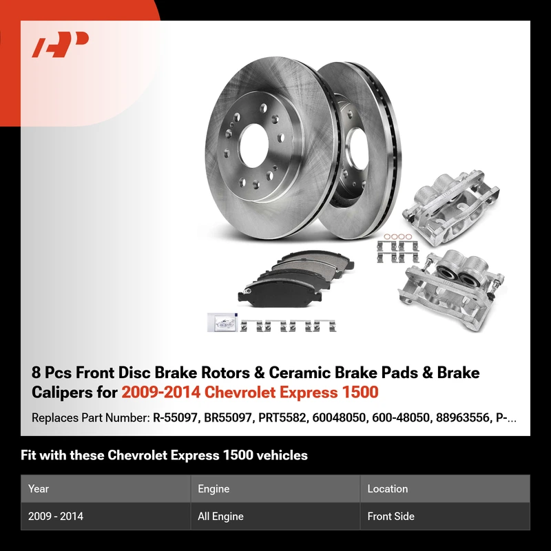 8 Pcs Front Disc Brake Rotors & Ceramic Brake Pads & Brake Calipers for 2009-2014 Chevrolet Express 1500