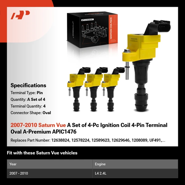 2007-2010 Saturn Vue A Set of 4-Pc Ignition Coil 4-Pin Terminal Oval A-Premium APIC1476