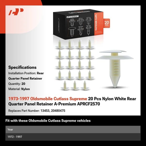 1973-1997 Oldsmobile Cutlass Supreme 20 Pcs Nylon White Rear Quarter Panel Retainer A-Premium APRCF2570