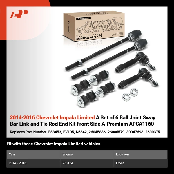 2014-2016 Chevrolet Impala Limited A Set of 6 Ball Joint Sway Bar Link and Tie Rod End Kit Front Side A-Premium APCA1160