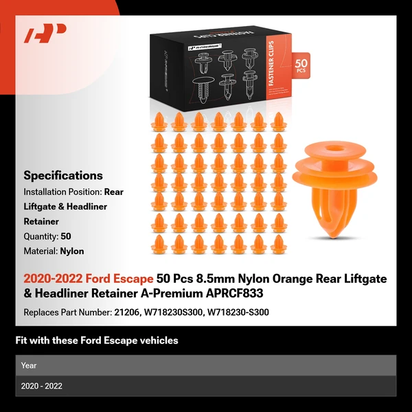 2020-2022 Ford Escape 50 Pcs 8.5mm Nylon Orange Rear Liftgate & Headliner Retainer A-Premium APRCF833