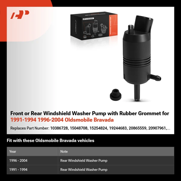 Front or Rear Windshield Washer Pump with Rubber Grommet for 1991-1994 1996-2004 Oldsmobile Bravada