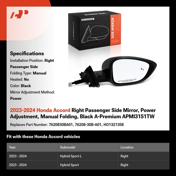 2023-2024 Honda Accord Right Passenger Side Mirror, Power Adjustment, Manual Folding, Black A-Premium APMI3151TW