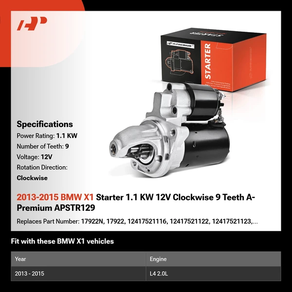 2013-2015 BMW X1 Starter 1.1 KW 12V Clockwise 9 Teeth A-Premium APSTR129