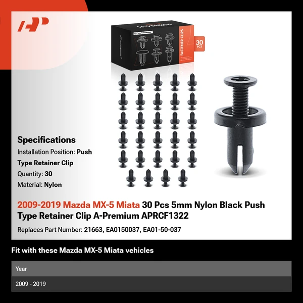 2009-2019 Mazda MX-5 Miata 30 Pcs 5mm Nylon Black Push Type Retainer Clip A-Premium APRCF1322