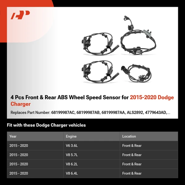 4 Pcs Front & Rear ABS Wheel Speed Sensor for 2015-2020 Dodge Charger