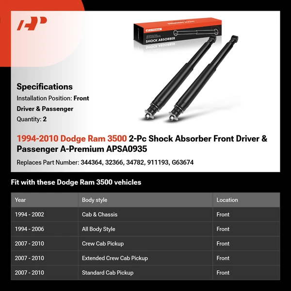 1994-2010 Dodge Ram 3500 2-Pc Shock Absorber Front Driver & Passenger A-Premium APSA0935