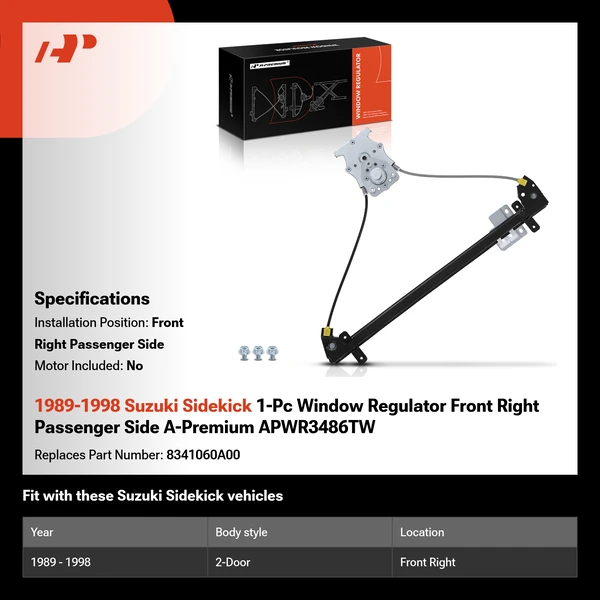 1989-1998 Suzuki Sidekick 1-Pc Window Regulator Front Right Passenger Side A-Premium APWR3486TW
