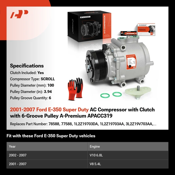 2001-2007 Ford E-350 Super Duty AC Compressor with Clutch with 6-Groove Pulley A-Premium APACC319
