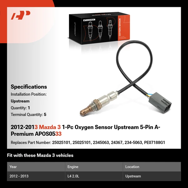 2012-2013 Mazda 3 1-Pc Oxygen Sensor Upstream 5-Pin A-Premium APOS0533