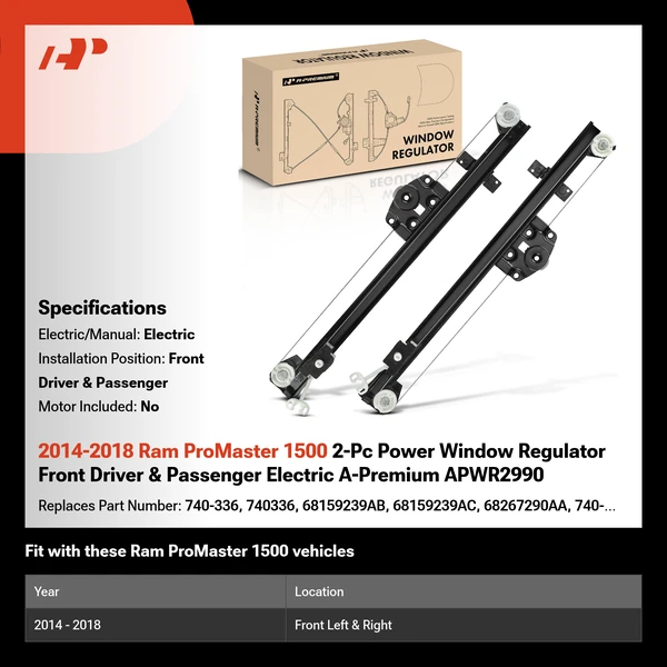 2014-2018 Ram ProMaster 1500 2-Pc Power Window Regulator Front Driver & Passenger Electric A-Premium APWR2990