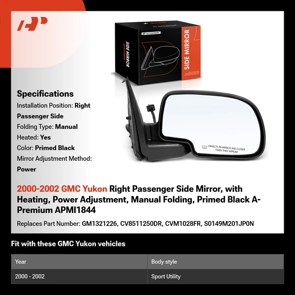 2000-2002 GMC Yukon Right Passenger Side Mirror, with Heating, Power Adjustment, Manual Folding, Primed Black A-Premium APMI1844