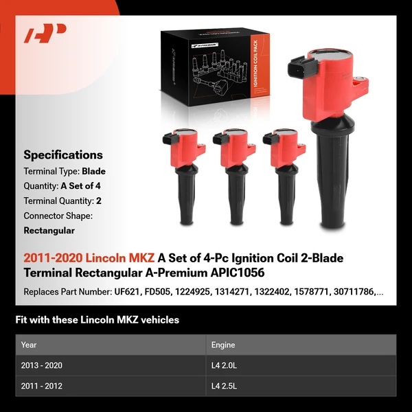 2011-2020 Lincoln MKZ A Set of 4-Pc Ignition Coil 2-Blade Terminal Rectangular A-Premium APIC1056
