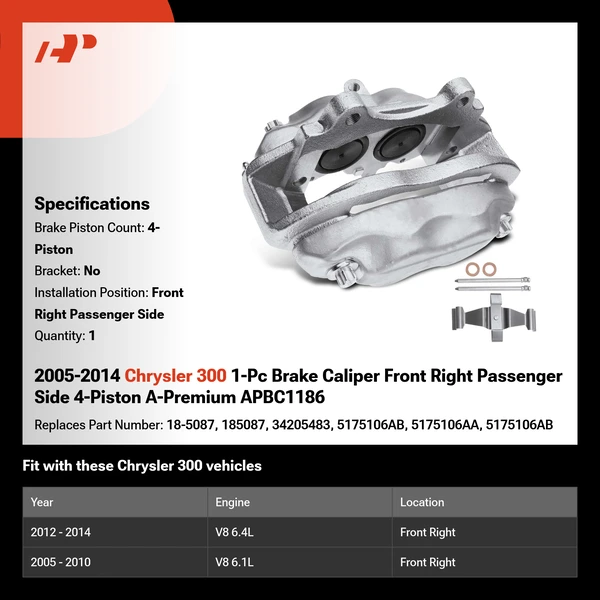 2005-2014 Chrysler 300 1-Pc Brake Caliper Front Right Passenger Side 4-Piston A-Premium APBC1186