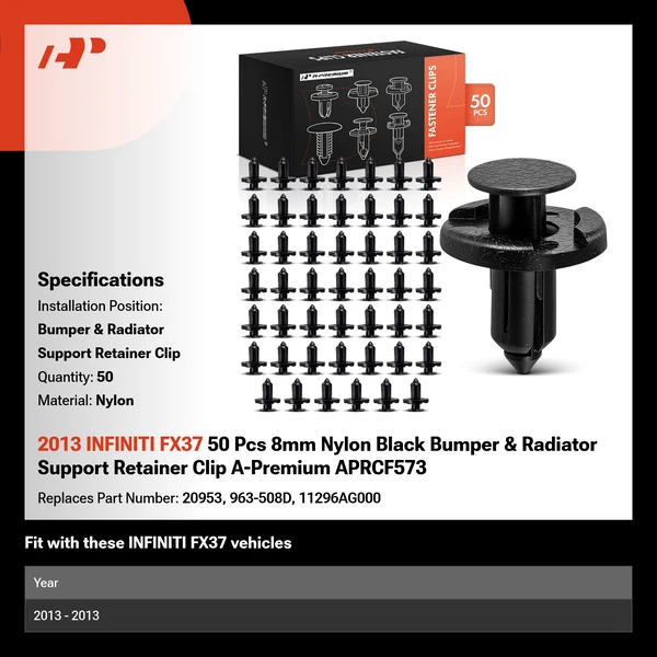2013 INFINITI FX37 50 Pcs 8mm Nylon Black Bumper & Radiator Support Retainer Clip A-Premium APRCF573