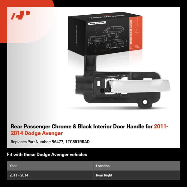 Rear Passenger Chrome & Black Interior Door Handle for 2011-2014 Dodge Avenger