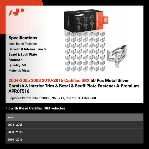 2004-2005 2008 2010-2016 Cadillac SRX 50 Pcs Metal Silver Garnish & Interior Trim & Bezel & Scuff Plate Fastener A-Premium APRCF516