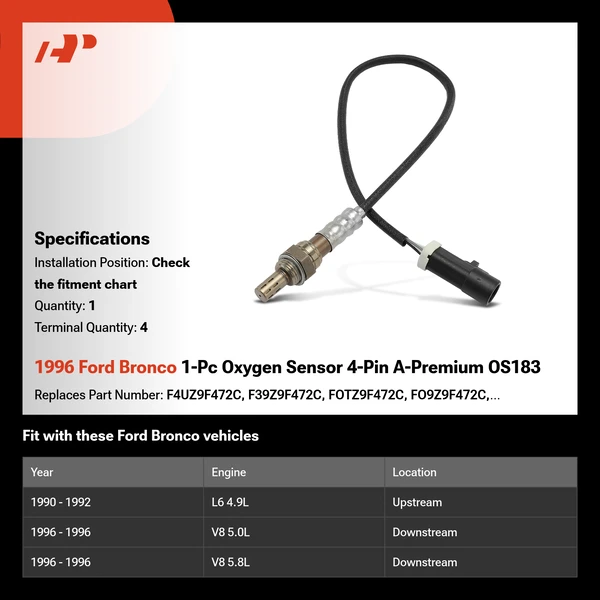 1996 Ford Bronco 1-Pc Oxygen Sensor 4-Pin A-Premium OS183