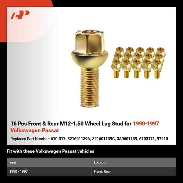 16 Pcs Front & Rear M12-1.50 Wheel Lug Stud for 1990-1997 Volkswagen Passat