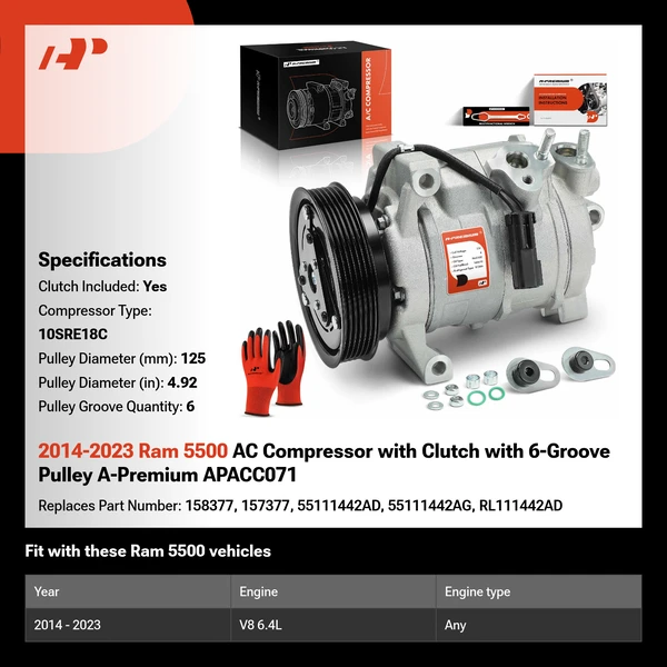 2014-2023 Ram 5500 AC Compressor with Clutch with 6-Groove Pulley A-Premium APACC071